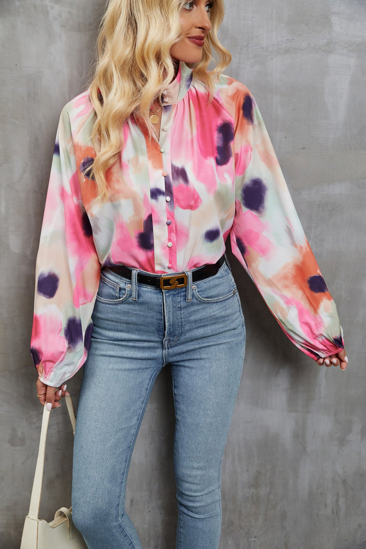 Women’s Blouse - Relaxed Fit - Button-Down - Mandarin Collar - Abstract Print - Long Sleeve