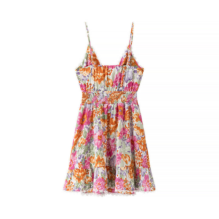 Women’s Mini Dress – Cotton Blend – Floral Print – Spaghetti Straps – Lace Trim – Fit & Flare