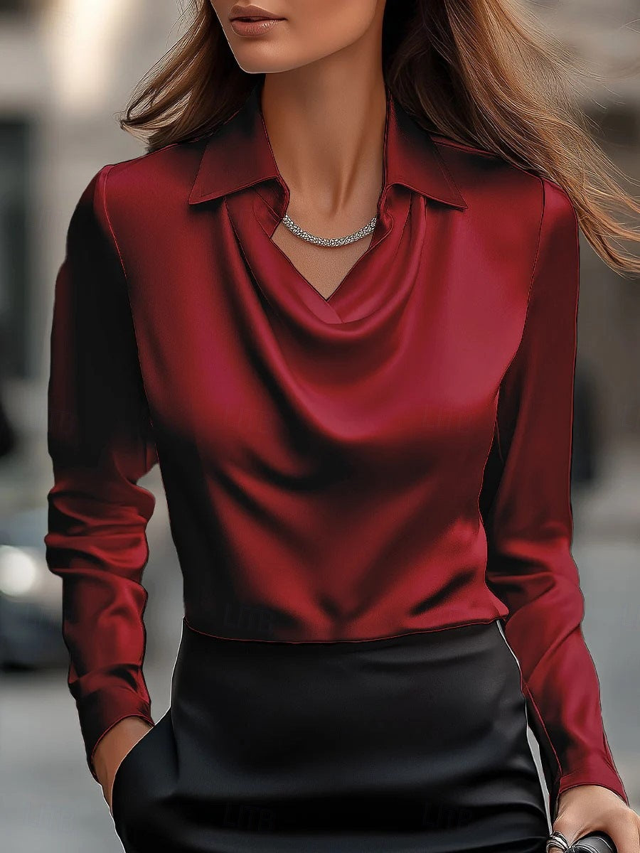 Women's Blouse – Draped Cowl Neck – Satin Touch – Tailored Fit – Long Sleeve