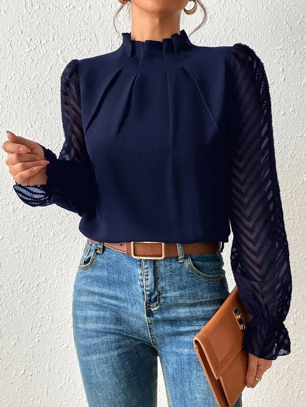 Women’s Blouse – Relaxed Fit – High Neck – Sheer Sleeves – Elegant Silhouette