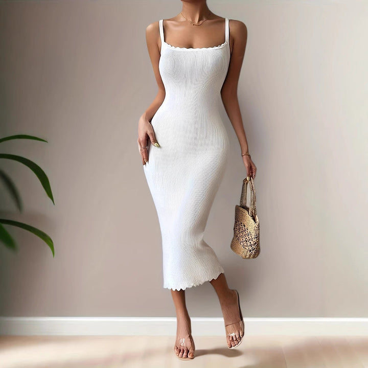 Women’s Bodycon Dress – Ribbed Knit – Scalloped Neckline – Spaghetti Straps – Midi Length