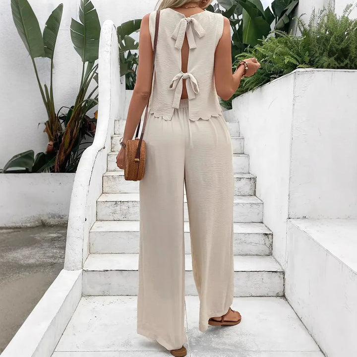 Women’s Two-Piece Set – Sleeveless Crop Top – Scalloped Hem – High-Waist Wide-Leg Pants