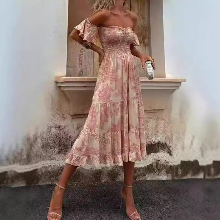 Women’s Off-Shoulder Maxi Dress – Smocked Bodice – Ruffle Sleeves – Tiered A-Line Skirt