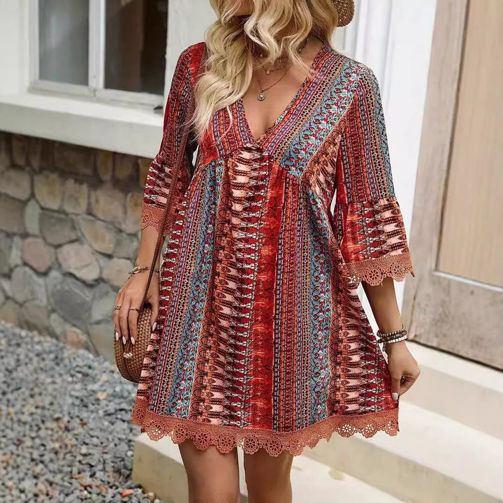 Women’s Boho Dress – Flowy Fit – V-Neck – 3/4 Sleeve – Lace Trim – Ethnic Print
