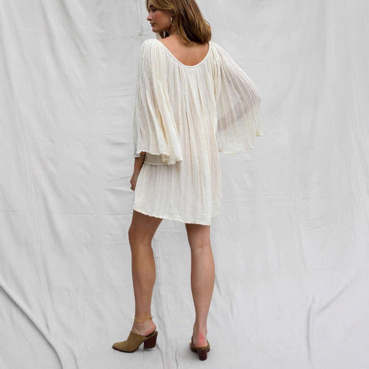 Women’s Mini Dress – V-Neck – Long Bell Sleeves – Loose Fit – Woven Belt – Lightweight Fabric