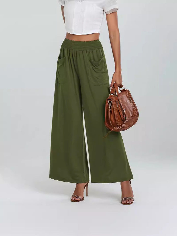 Women's Wide-Leg Pants - Elastic Waistband - Full Length - Relaxed Fit - Front Pockets