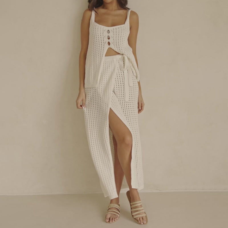 Women’s Two-Piece Set – Soft Knit Crop Top – Slit Maxi Skirt – Breathable Blend
