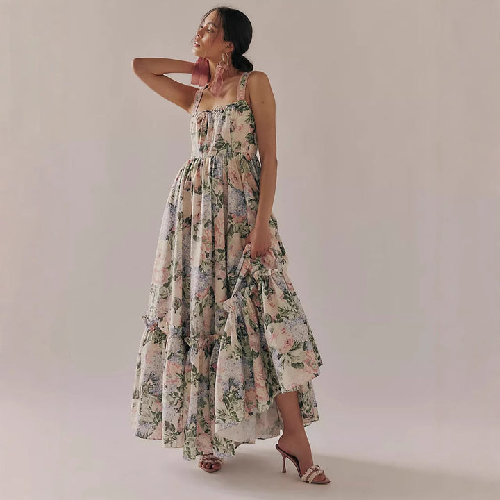 Women’s Maxi Dress – A-Line Fit – Sleeveless Spaghetti Strap – Floral Print – Ruffled Detail