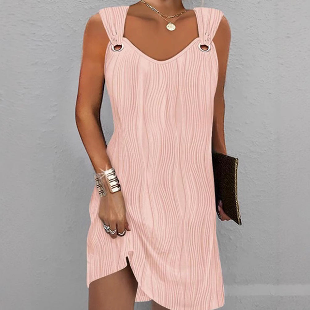 Women’s Mini Dress - Slim Fit - Soft Knit Wave Pattern - V-Neck