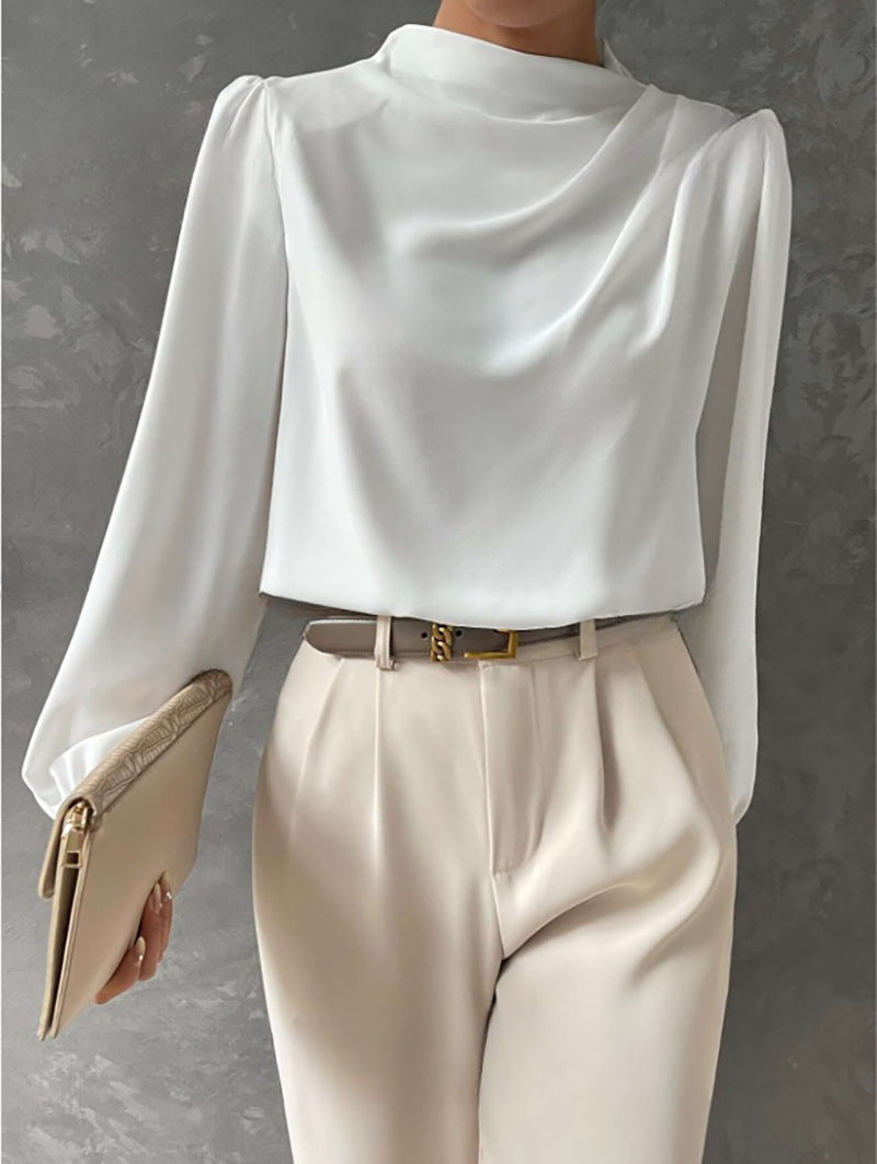 Women’s Blouse – Relaxed Fit – High Neck – Long Sleeve – Draped Details