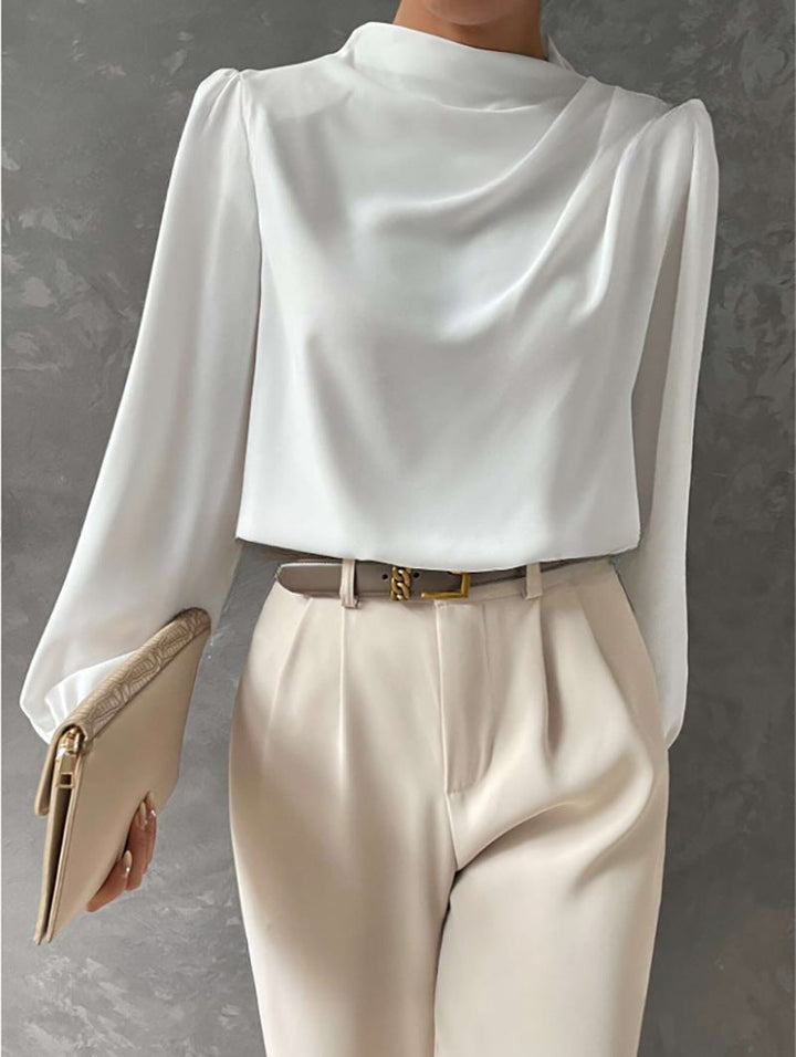 Women’s Blouse – Relaxed Fit – High Neck – Long Sleeve – Draped Details