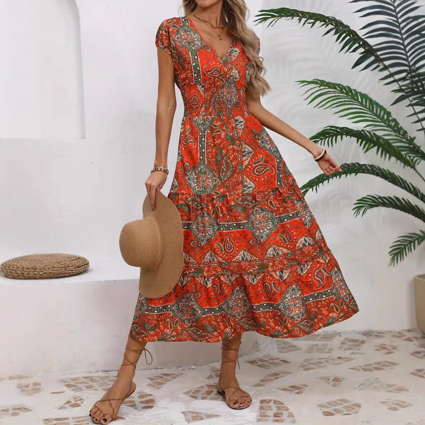 Women’s Maxi Dress – V-Neck Boho Style – Tiered Fit – Lightweight Breathable Fabric