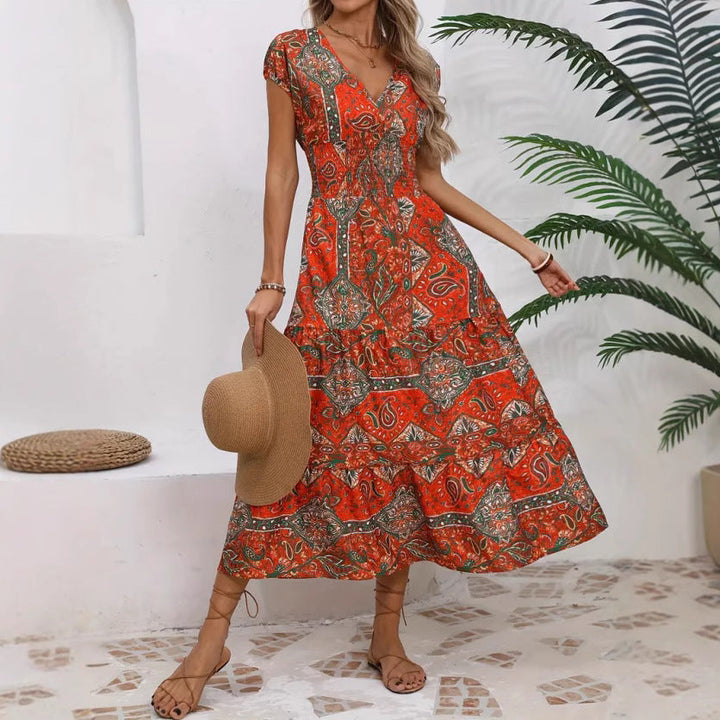Women’s Maxi Dress – V-Neck Boho Style – Tiered Fit – Lightweight Breathable Fabric