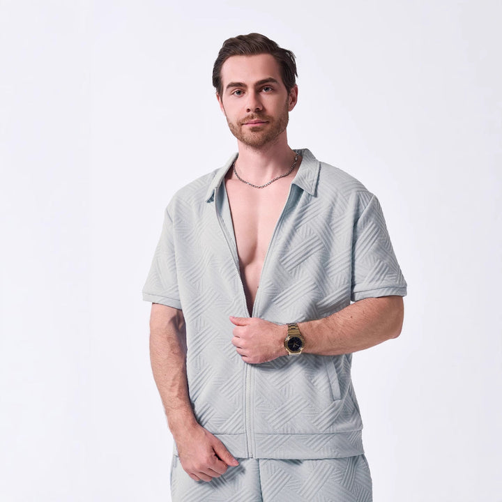 Men’s Short Sleeve Shirt – Relaxed Fit – Textured Cotton – Zip Front Casual Style