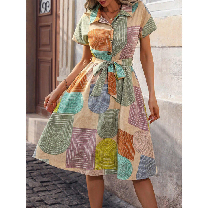 Women’s Shirt Dress – Cotton – Relaxed Fit – Belted Waist – Knee Length – Patterned