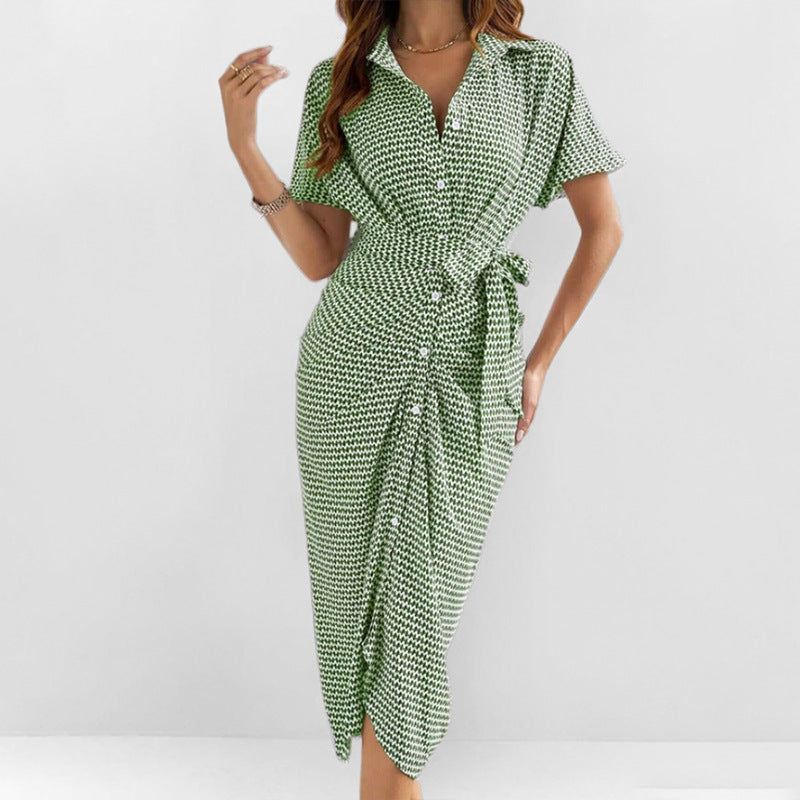 Women’s Shirt Dress – Midi Length – Short Sleeve – Tie Waist – Button Front – Patterned