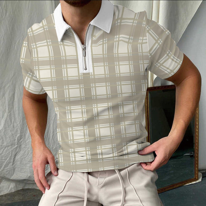 Men’s Polo Shirt – Slim Fit – Checkered Pattern – Zip Collar – Short Sleeve Casual – Cotton