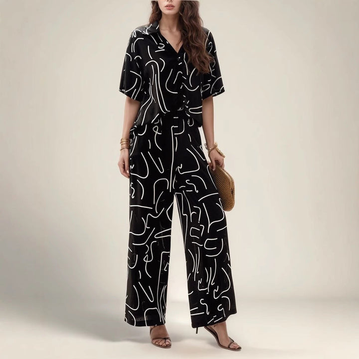 Women’s Two-Piece Set – V-Neck Collared Top – Short Sleeve – Wide-Leg Pants – Relaxed Fit
