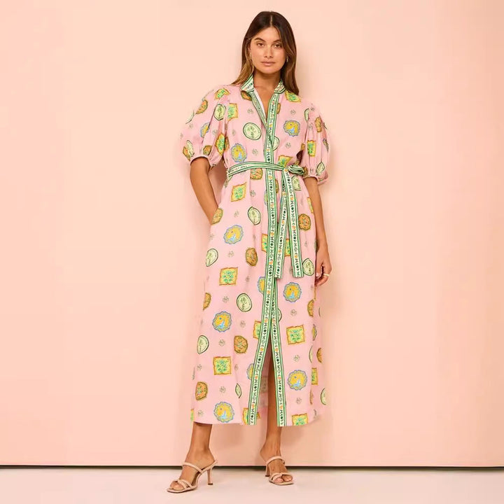 Women’s Midi Dress - Button Down - Puff Sleeve - Belted Waist - Lightweight Breathable Fabric