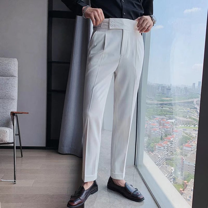 Men’s Tailored Trousers – Formal Fit – High-Rise Waist – Pleated Front – Cuffed Hem