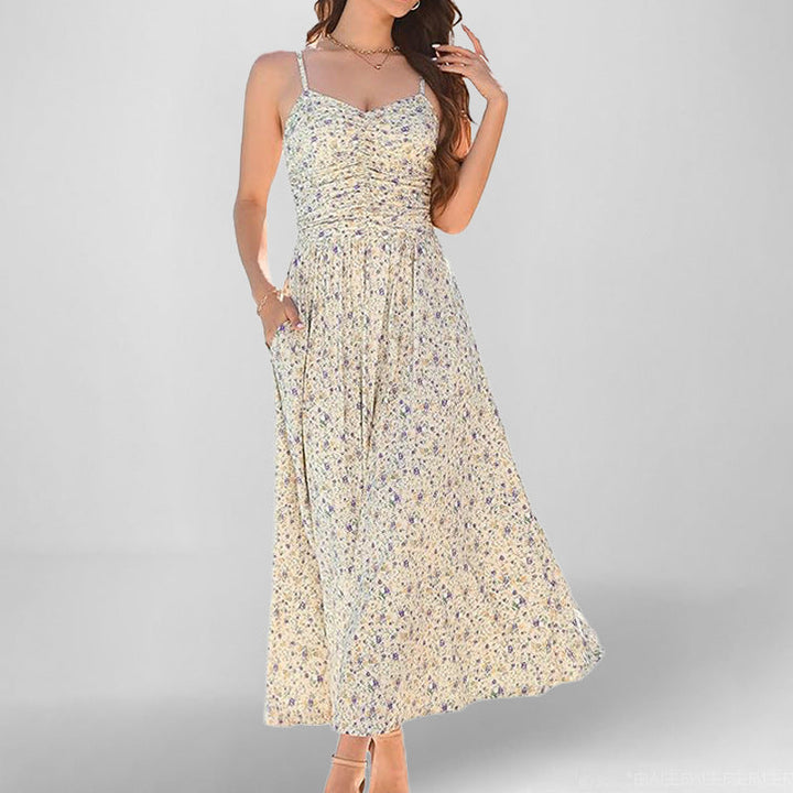 Women’s Maxi Dress – Ruched Bodice – Spaghetti Straps – Sleeveless A-Line – With Pockets