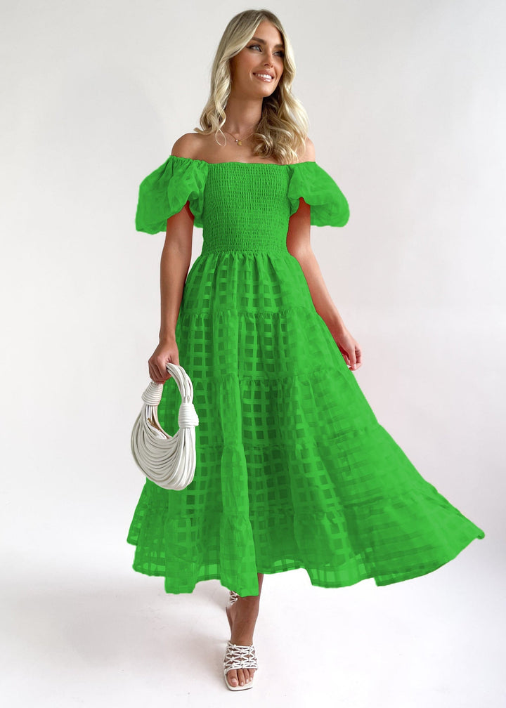 Women’s Maxi Dress – Off-Shoulder Puff Sleeves – Smocked Waist – Flowing Tiered Skirt – Lightweight Breathable Fabric