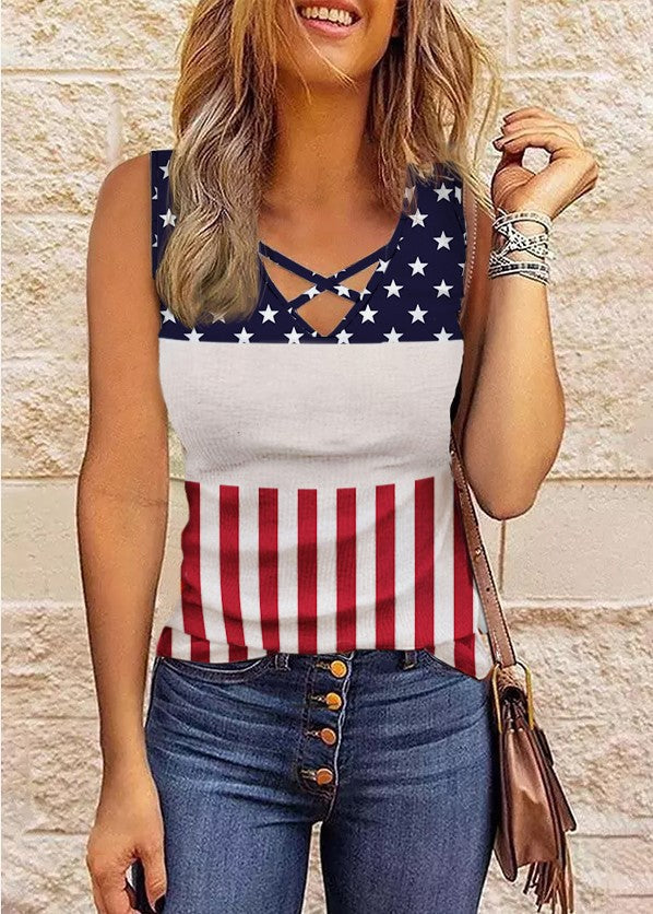 Women’s Sleeveless Top – Cotton Blend – Slim Fit – Crisscross Neckline – Casual Style