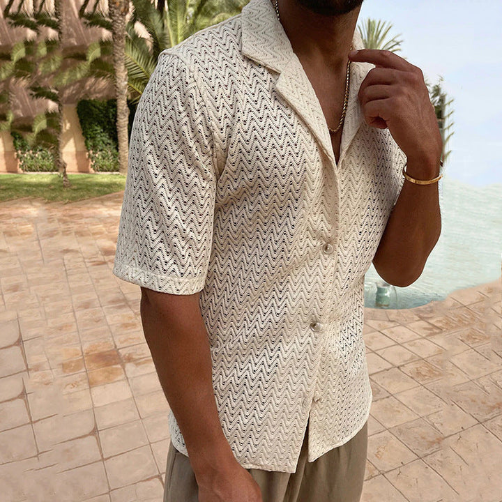 Men’s Knitted Cardigan - Slim Fit - Openwork Pattern - Button Front - Short Sleeve