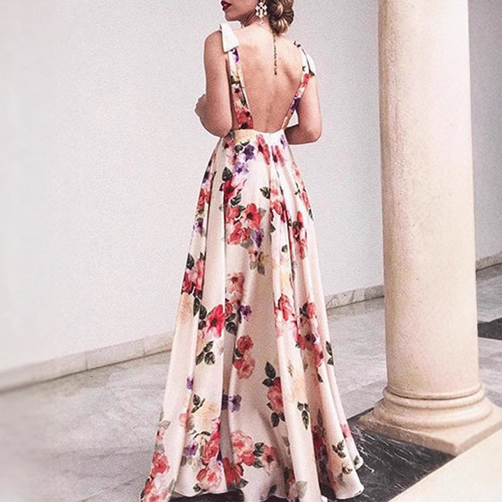 Women’s Maxi Dress – V-Neck A-Line – Ruffle Cap Sleeves – Fitted Waist – Floral Print