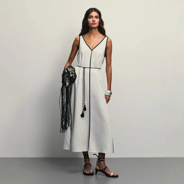 Women’s Maxi Dress – V-Neck – Waist Belt – Flared Silhouette – Contrasting Trim