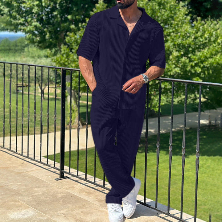 Men’s Athleisure Set – Cotton Blend – Relaxed Fit – Short Sleeve Shirt & Full-Length Pants