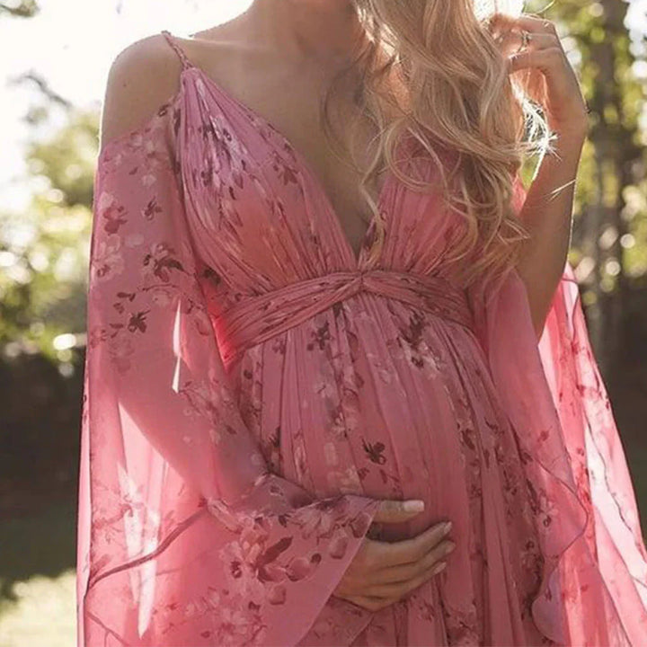Women's Maxi Dress - Floral Print - Deep V-Neck - Open Shoulder - Cinched Waist - Flowy