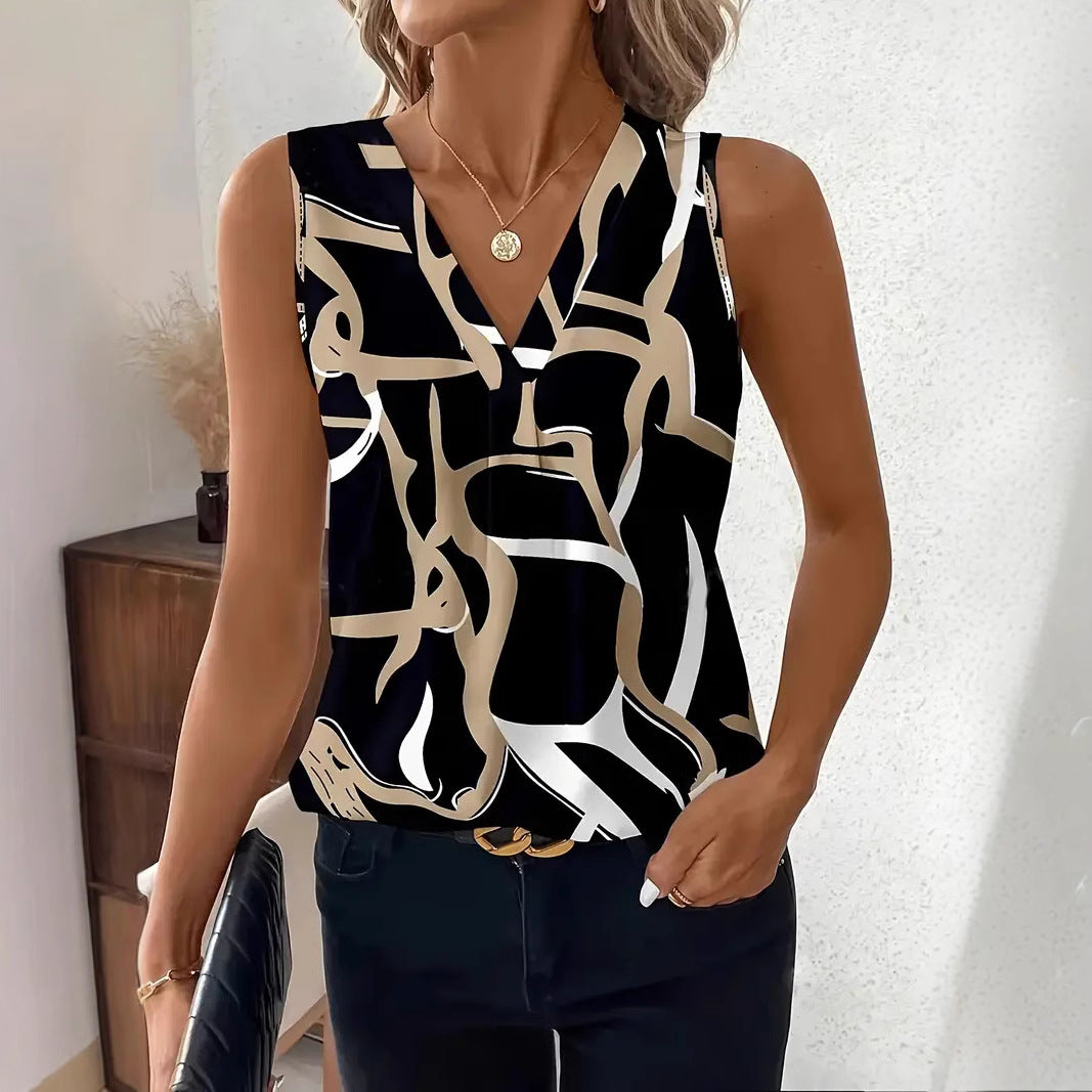 Women’s Sleeveless Blouse – V-Neck – Relaxed Fit – Abstract Print – Lightweight Fabric