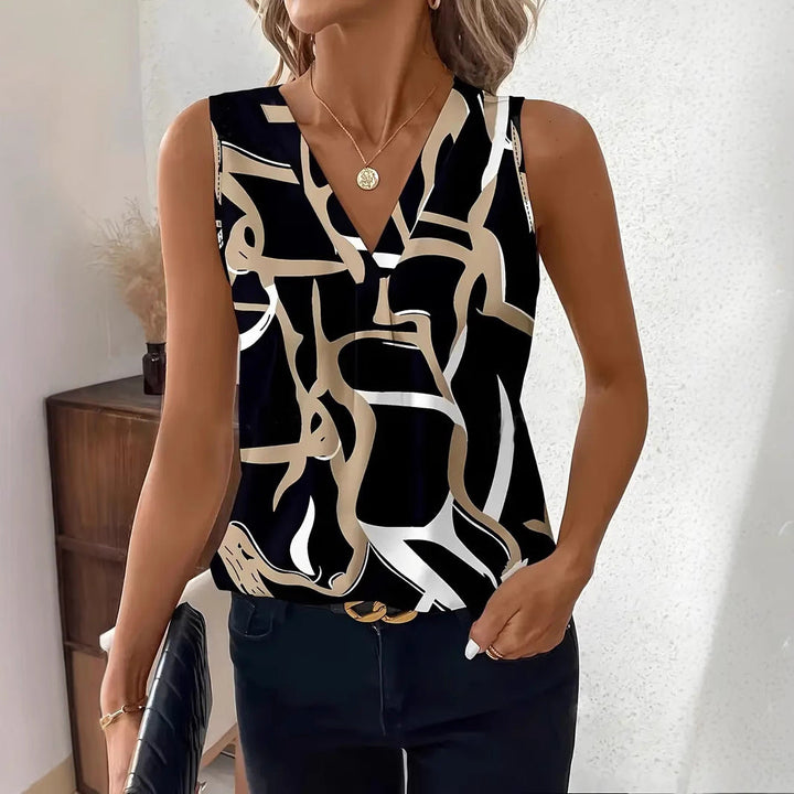 Women’s Sleeveless Blouse – V-Neck – Relaxed Fit – Abstract Print – Lightweight Fabric