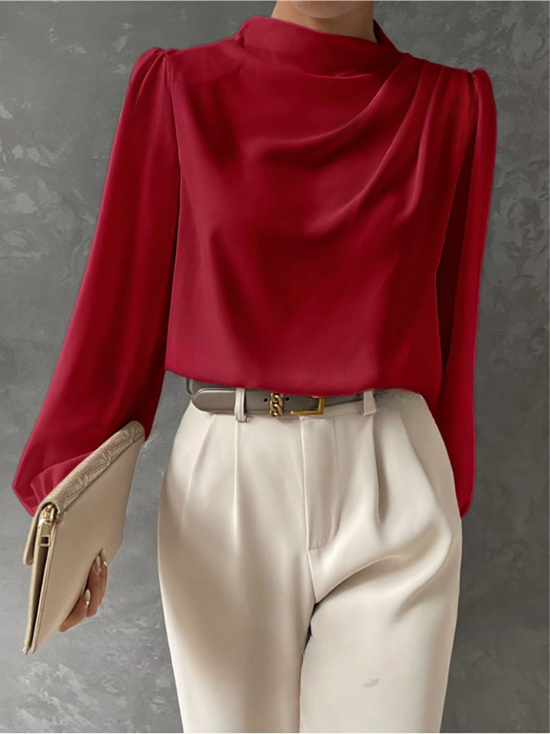 Women’s Blouse – Relaxed Fit – High Neck – Long Sleeve – Draped Details