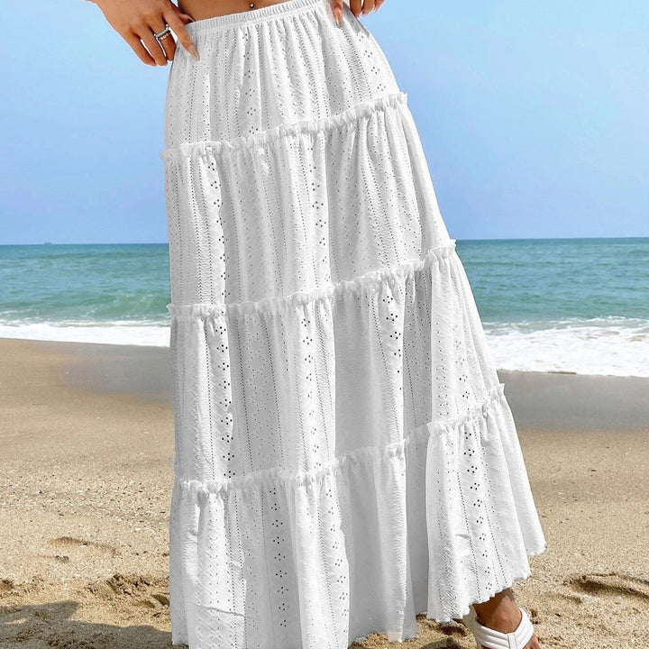 Women’s Maxi Skirt – Tiered A-Line – Eyelet Embroidered – Elastic Waist – Lightweight Cotton