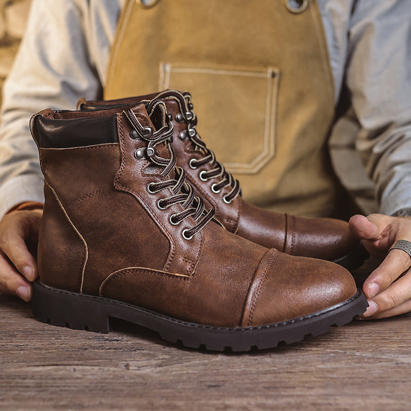 Men’s Ankle Boots - Leather Look - Lace-Up - Cushioned Support - Treaded Durable Sole