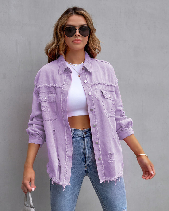 Women’s Denim Jacket – Oversized Fit – Mid Length – Distressed Frayed Casual Layer