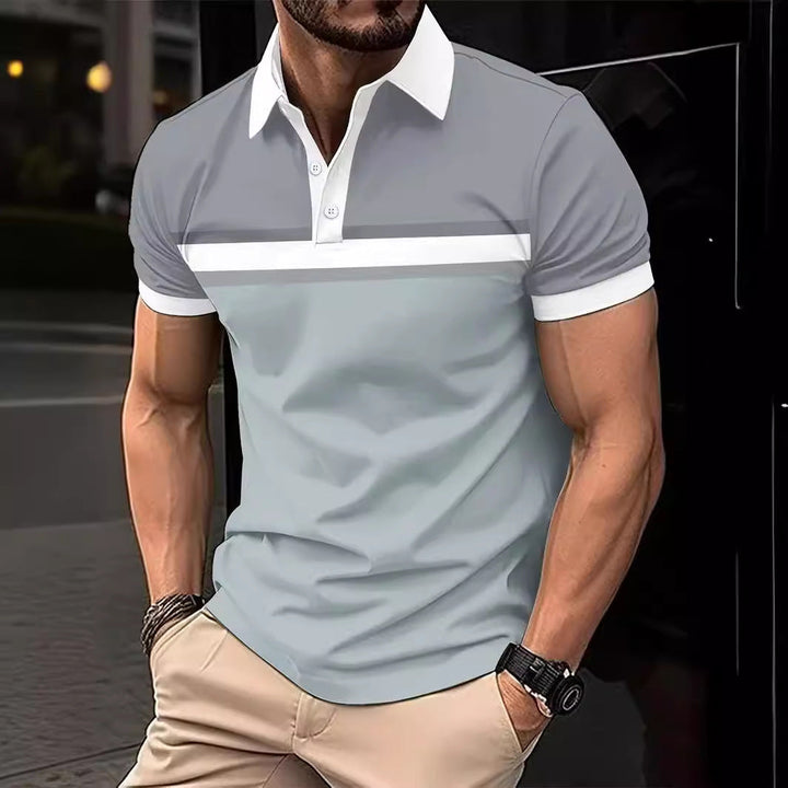 Men’s Polo Shirt - Slim Fit Cotton - Striped Chest - Short Sleeve - Contrast Collar