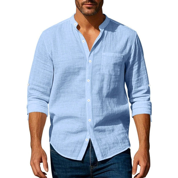 Men’s Long Sleeve Shirt - Relaxed Fit - Linen - Band Collar - Button Tab Sleeves