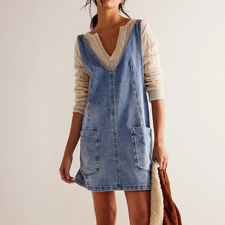 Women’s Mini Dress – Natural Fibers – Relaxed Fit – Deep V-Neck – Sleeveless with Pockets