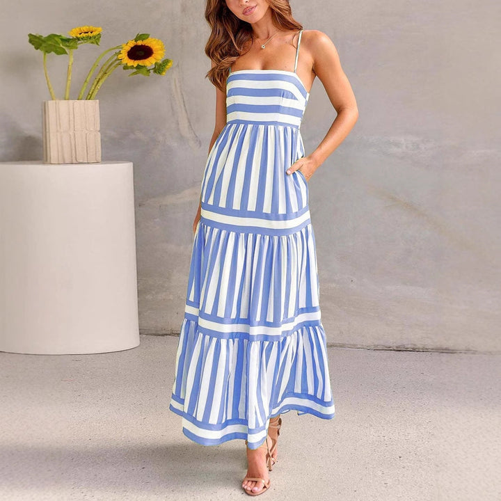 Women’s Maxi Dress – Cotton – Tiered Skirt – Striped – Spaghetti Strap – Flowy Fit