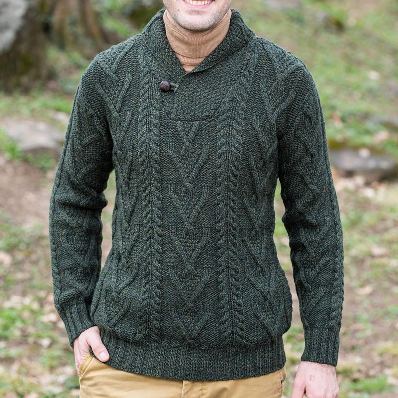 Men’s Pullover Sweater – Cable Knit – Relaxed Fit – Shawl Collar with Button Detail
