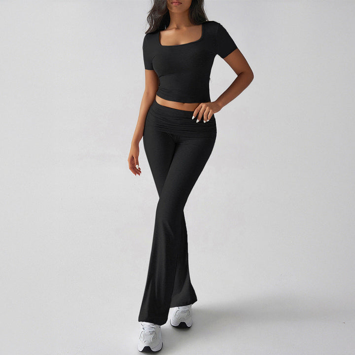 Women’s Two-Piece Set – Slim Fit Crop Top & Flared High-Waist Pants – Stretch Knit