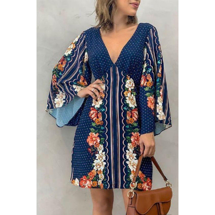 Women's Boho Dress – Relaxed Fit – Cotton – Bell Sleeve – Floral Stripe Print