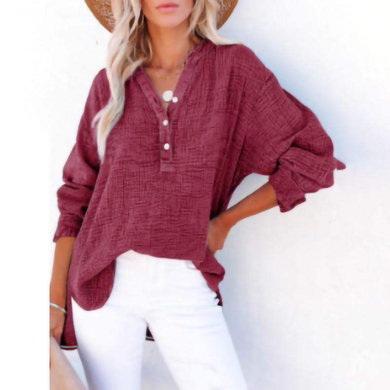 Women’s Long Sleeve Top – Relaxed Fit – Pleated Front – Button Detail – Natural Fibers