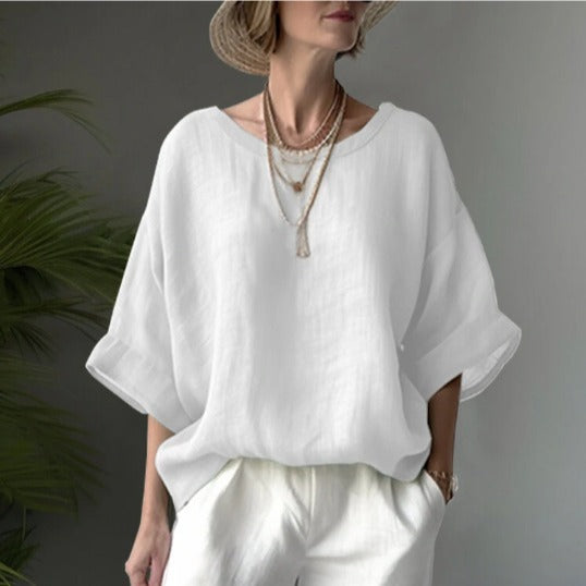 Women’s Oversized Blouse – Cotton Linen Blend – Boat Neck – Loose Fit – Short Sleeve