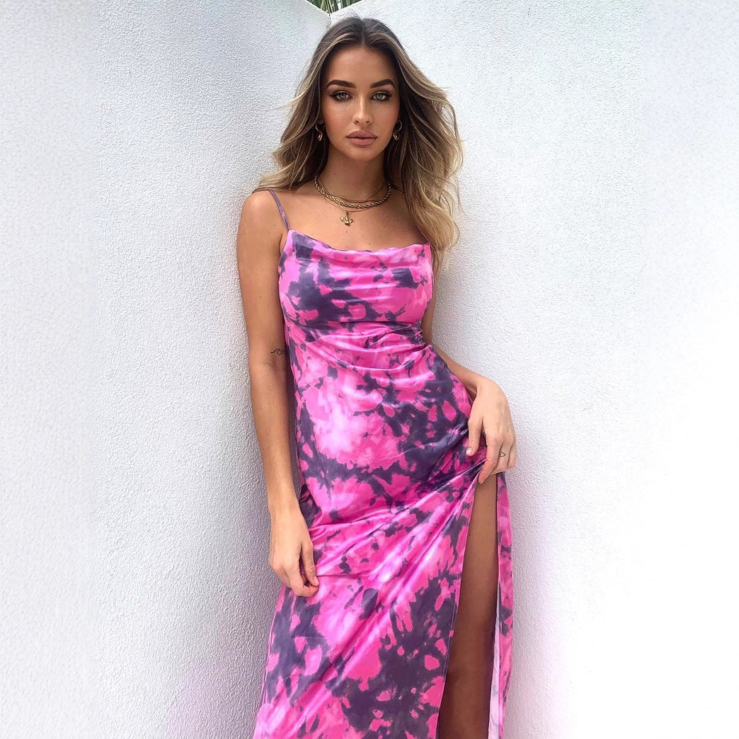 Women’s Maxi Dress - Cowl Neckline - Adjustable Straps - High Slit - Fitted Silhouette
