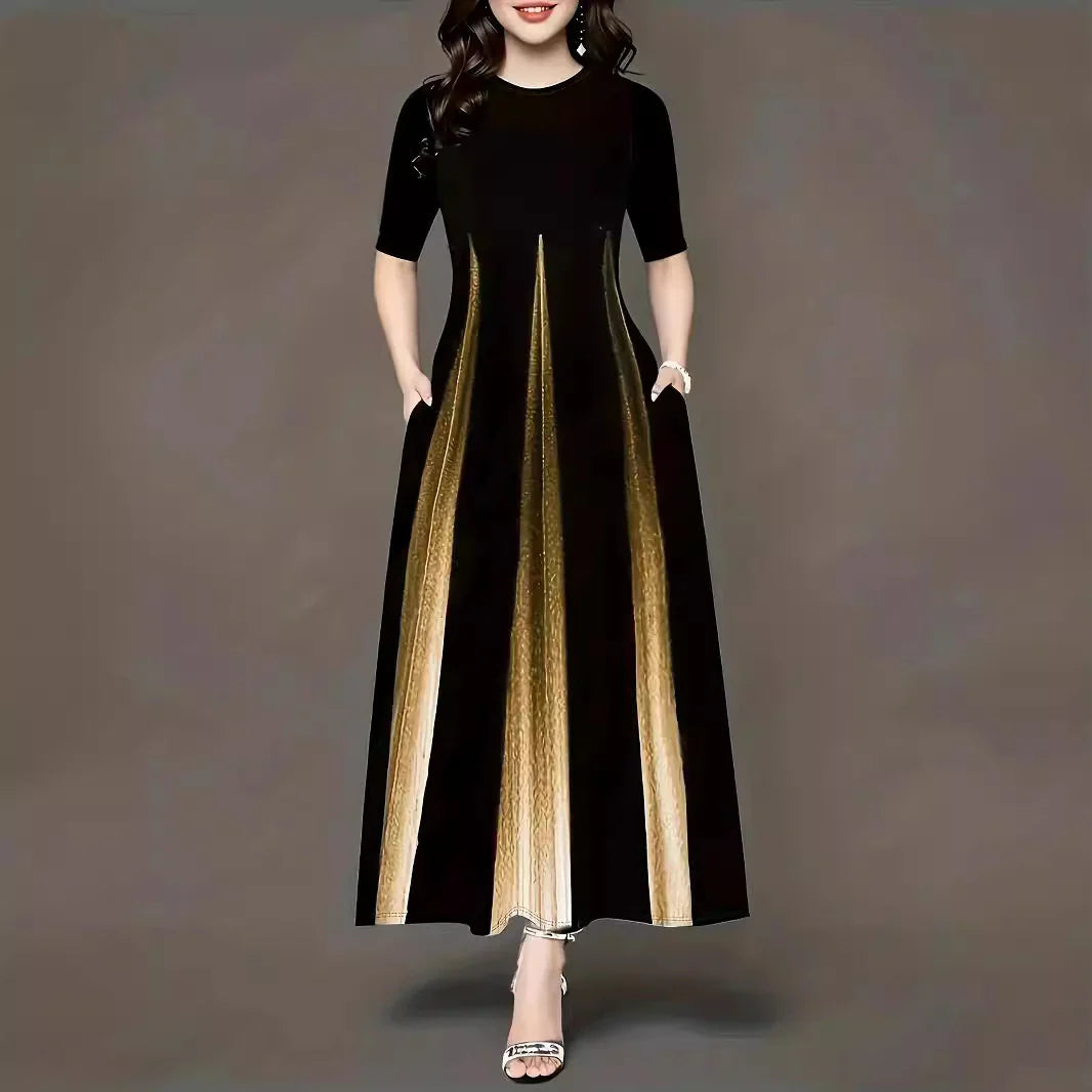 Women’s Maxi Dress – Flowing Fit – Pleated Skirt – Short Sleeve – Side Pockets