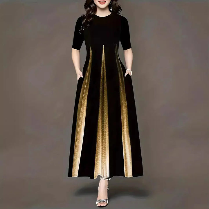 Women’s Maxi Dress – Flowing Fit – Pleated Skirt – Short Sleeve – Side Pockets
